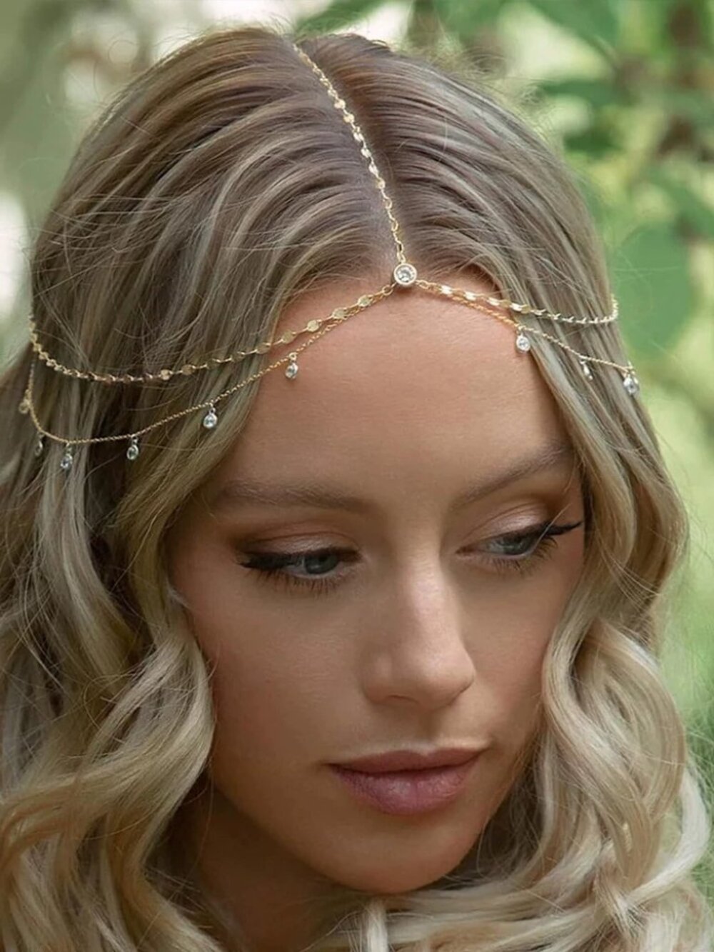 Gold Rhinestone Boho Head Chain Crystal Bridal Headpiece Festival Hair Accessory